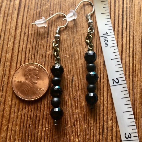 Ladies Long Beaded Dangle Earrings, Handmade Ladies Earrings/Black - Picture 2 of 3